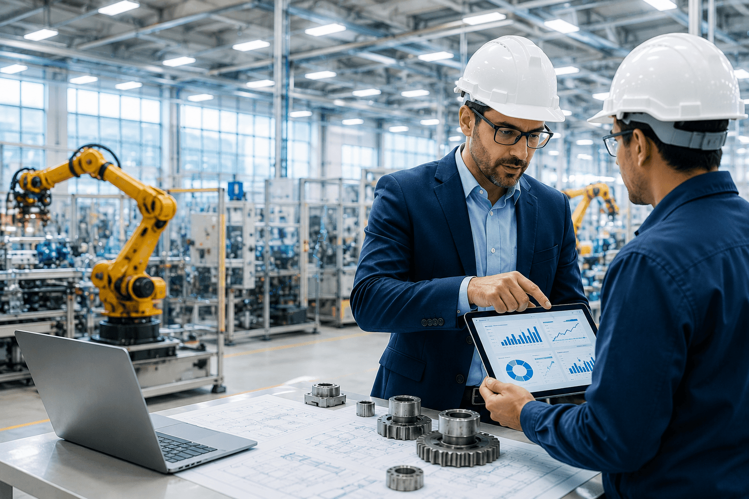 Modern manufacturing plant with process optimization dashboard and engineering collaboration
